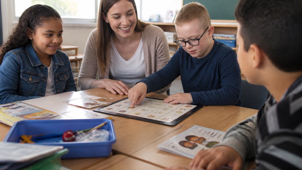 Teacher and diverse students collaborating in an inclusive classroom, promoting down syndrome awareness.