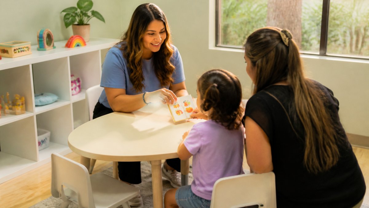 A speech language pathologist reviews a picture book with a young child and parent in a clinic setting.